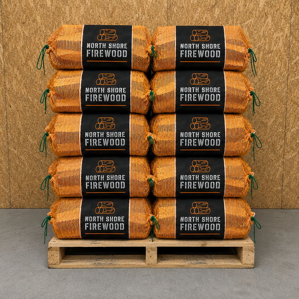 Stack of North Shore Firewood bundles on a wooden pallet against a wooden background
