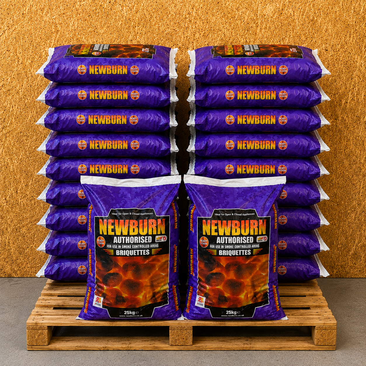 Stack of Newburn branded bags on a wooden pallet against a brown background