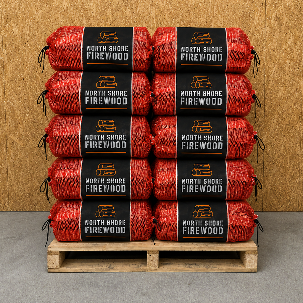 Stack of North Shore Firewood oak nets on a wooden pallet against a wooden wall.