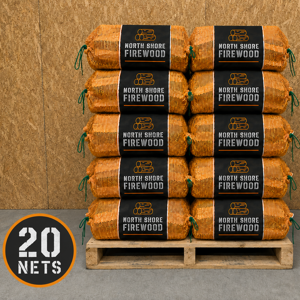 Stack of North Shore Firewood packages on a pallet with a wooden background