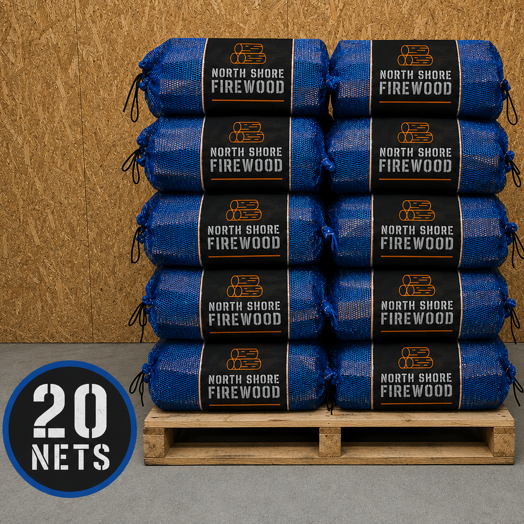 Stack of North Shore Firewood bags on a pallet with a wooden background