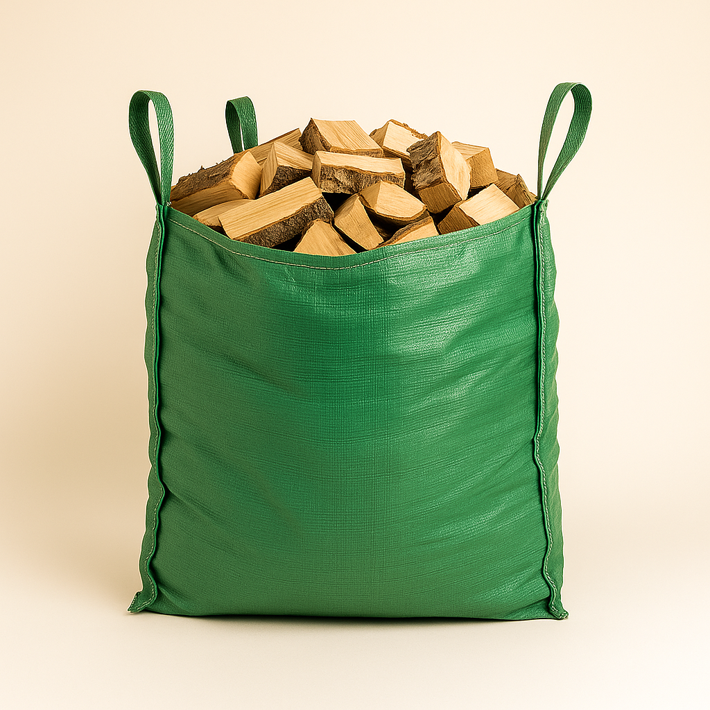 Green bag filled with chopped wood on a beige background