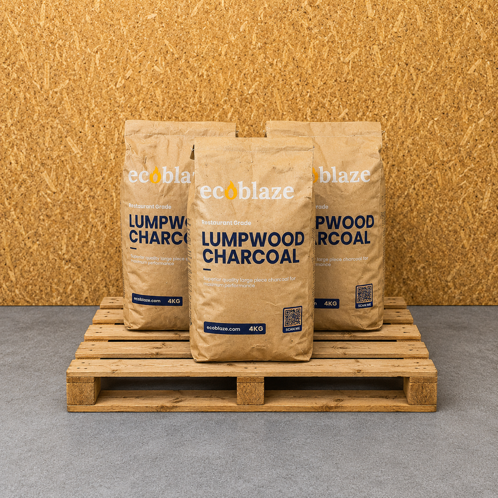 Three bags of ecoblaze lumpwood charcoal on a wooden pallet against a wooden background