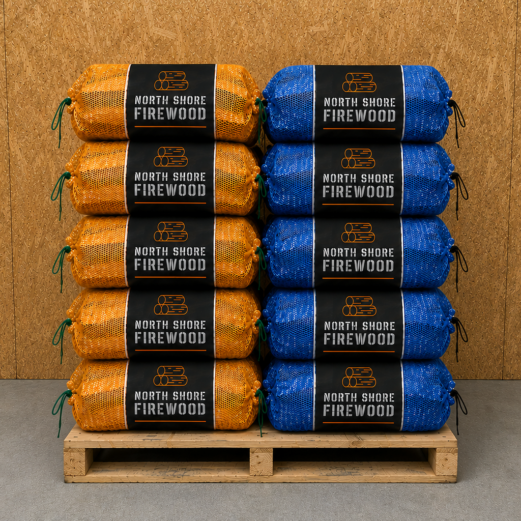 Stack of North Shore Firewood bundles on a pallet against a cardboard background