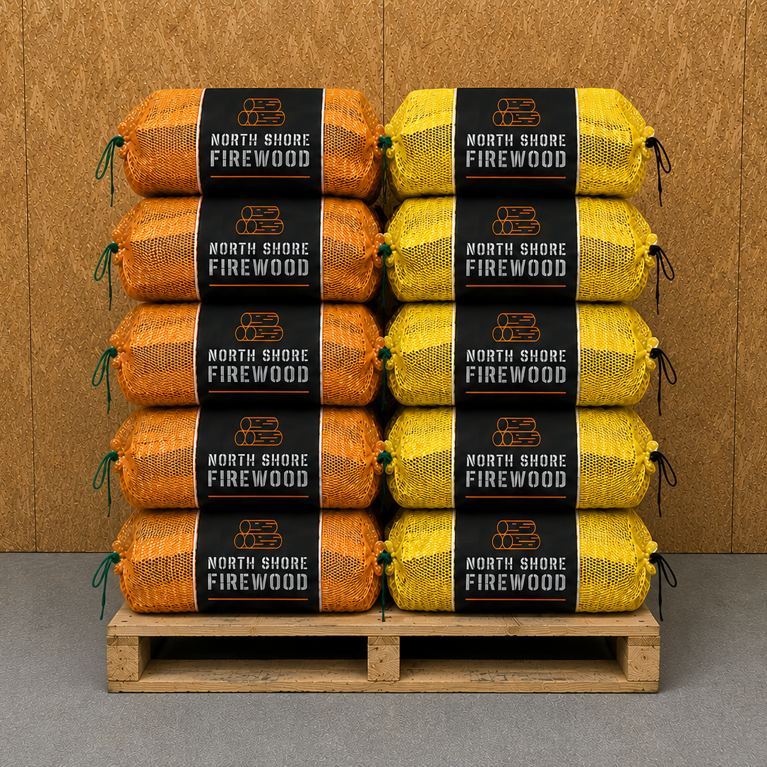 Stack of North Shore Firewood packages on a wooden pallet against a brown background