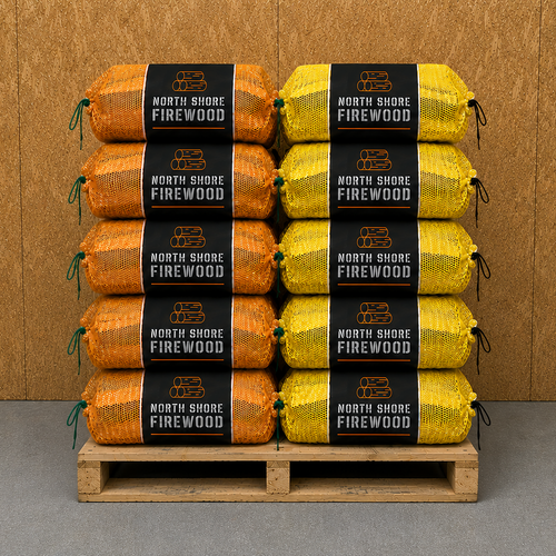 Stack of North Shore Firewood packages on a wooden pallet against a brown background