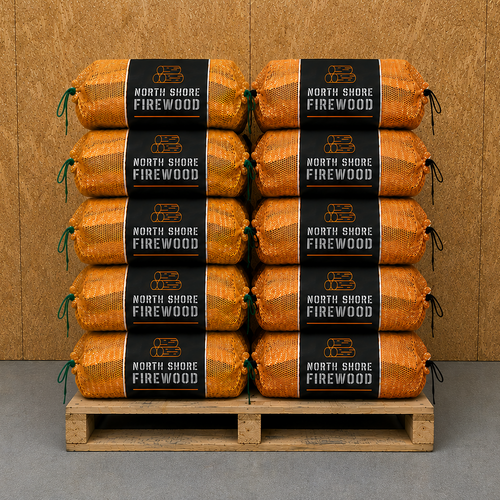 Stack of North Shore Firewood packages on a wooden pallet against a brown background