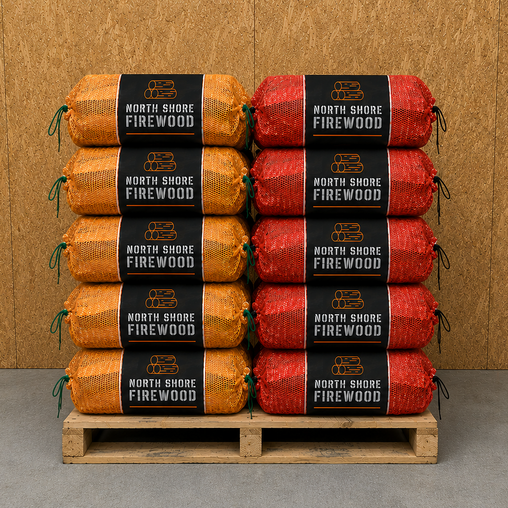 Stack of North Shore Firewood bags on a wooden pallet against a wooden wall.