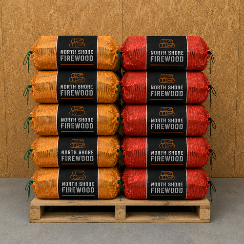 Stack of North Shore Firewood bags on a wooden pallet against a wooden wall.