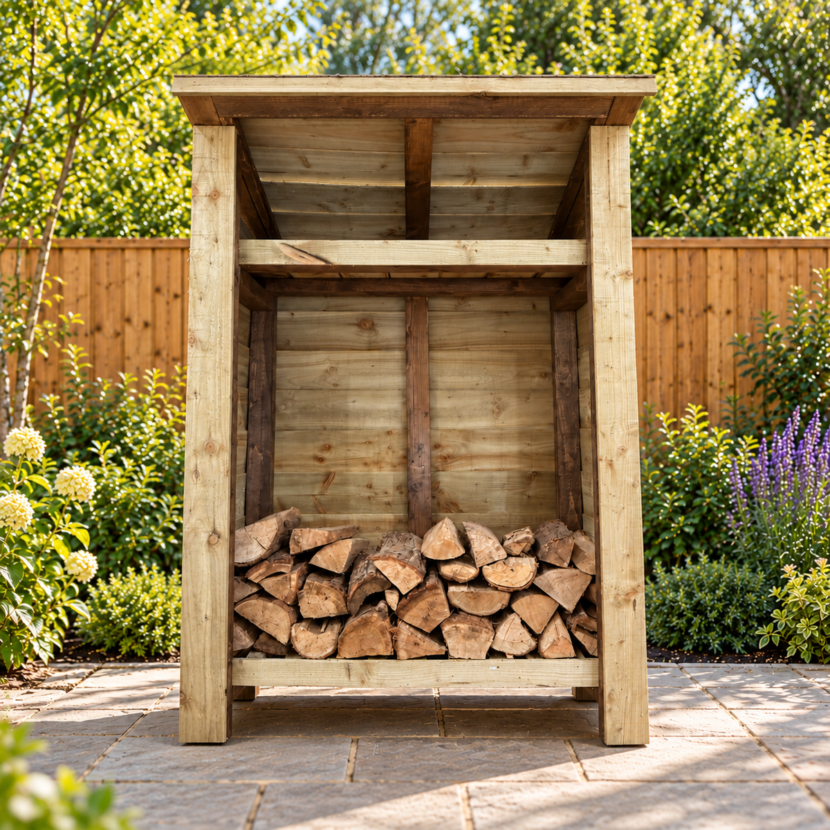 A rustic wooden firewood storage stand filled with neatly stacked logs, set on a stone patio in a lush garden with a wooden fence and greenery in the background.