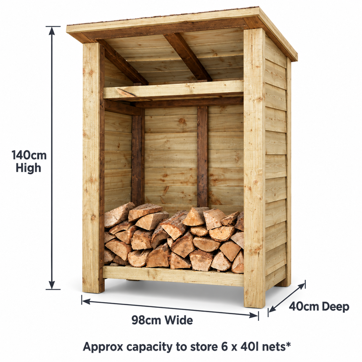 Wooden outdoor firewood storage bench with dimensions labeled: 140cm high, 98cm wide, and 40cm deep, shown holding stacked firewood on a white background.