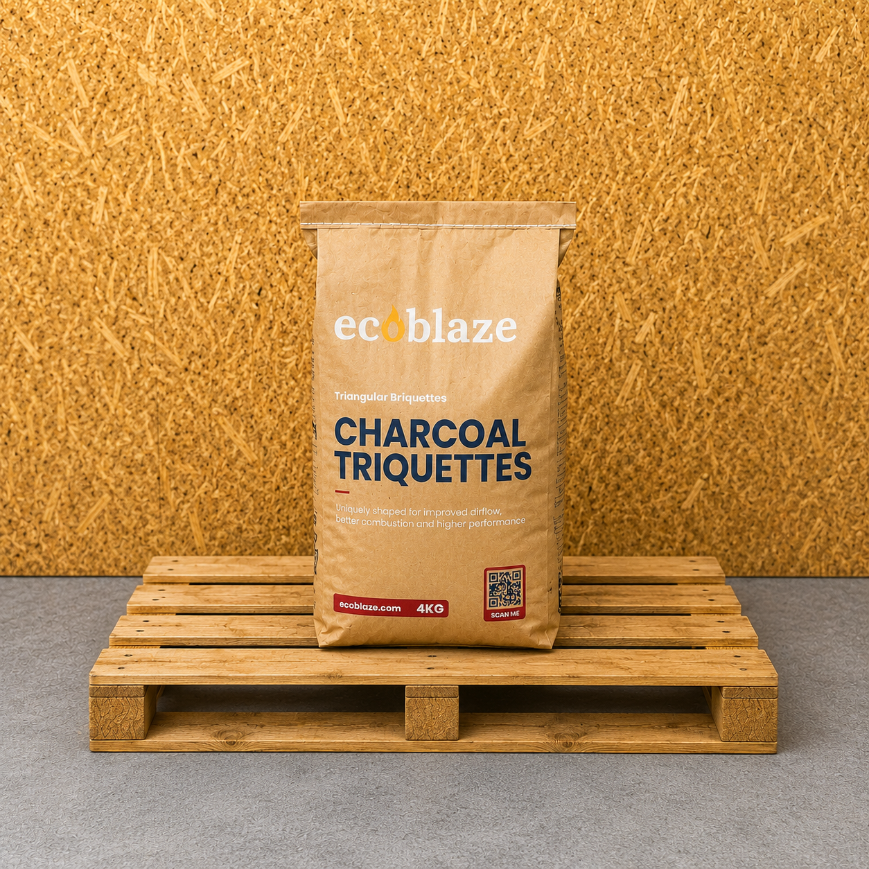 Bag of ecoblaze Charcoal Triquettes on a wooden pallet against a textured brown background