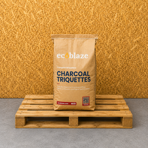 Bag of ecoblaze Charcoal Triquettes on a wooden pallet against a textured brown background