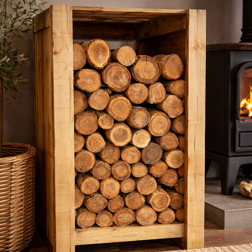 Stack of oak decorative logs in a wooden crate with a fireplace in the background.