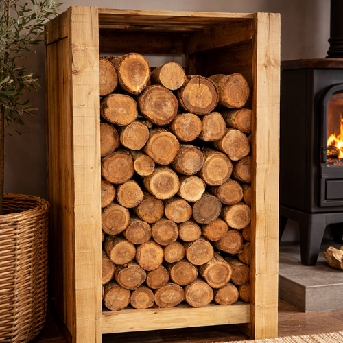 Stack of oak decorative logs in a wooden crate with a fireplace in the background.
