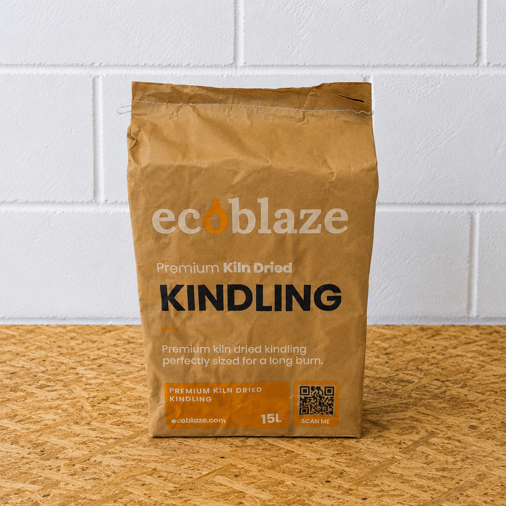 Bag of ecoblaze Kindling on a wooden surface with a white tiled wall background