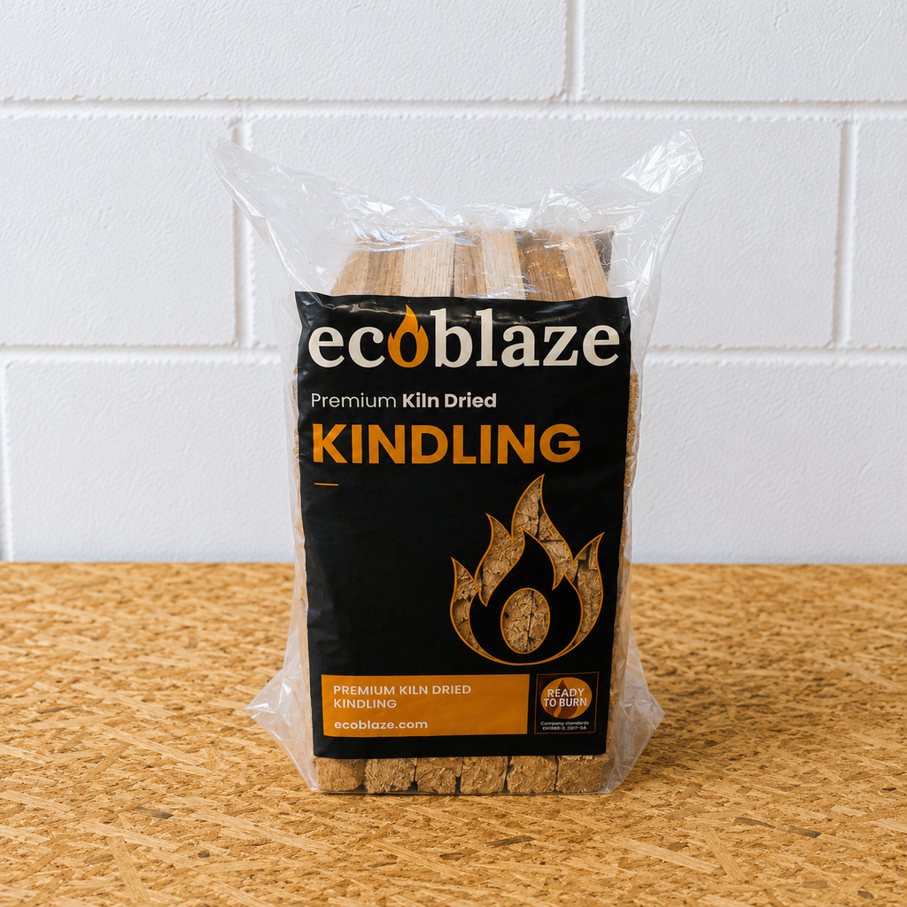 Bag of ecoblaze kindling on a wooden surface with a white tiled wall background