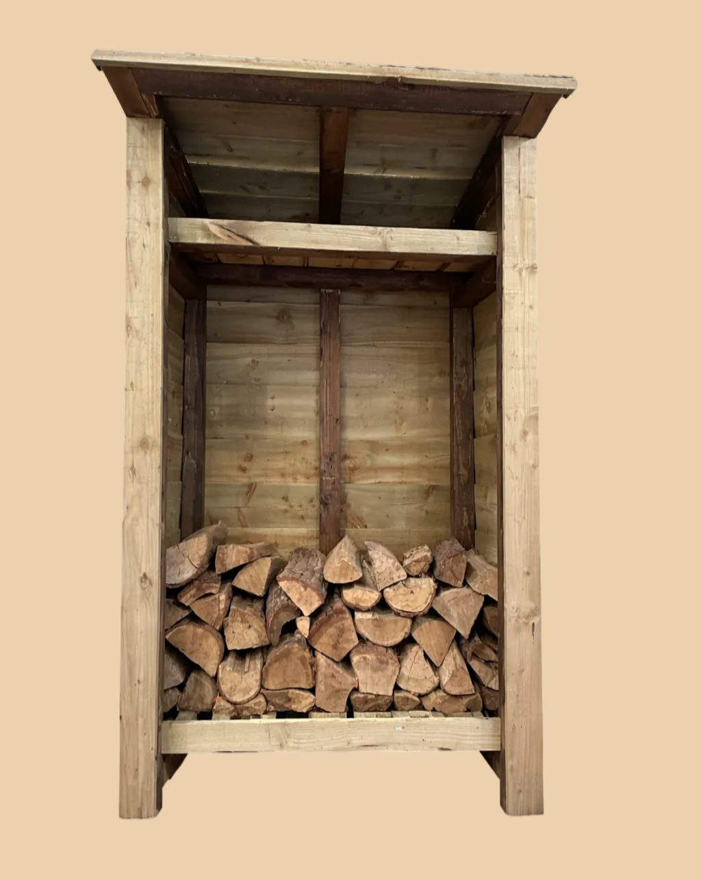 Wooden firewood storage shed with stacked logs on a white background
