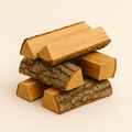 Stack of wooden logs on a beige background