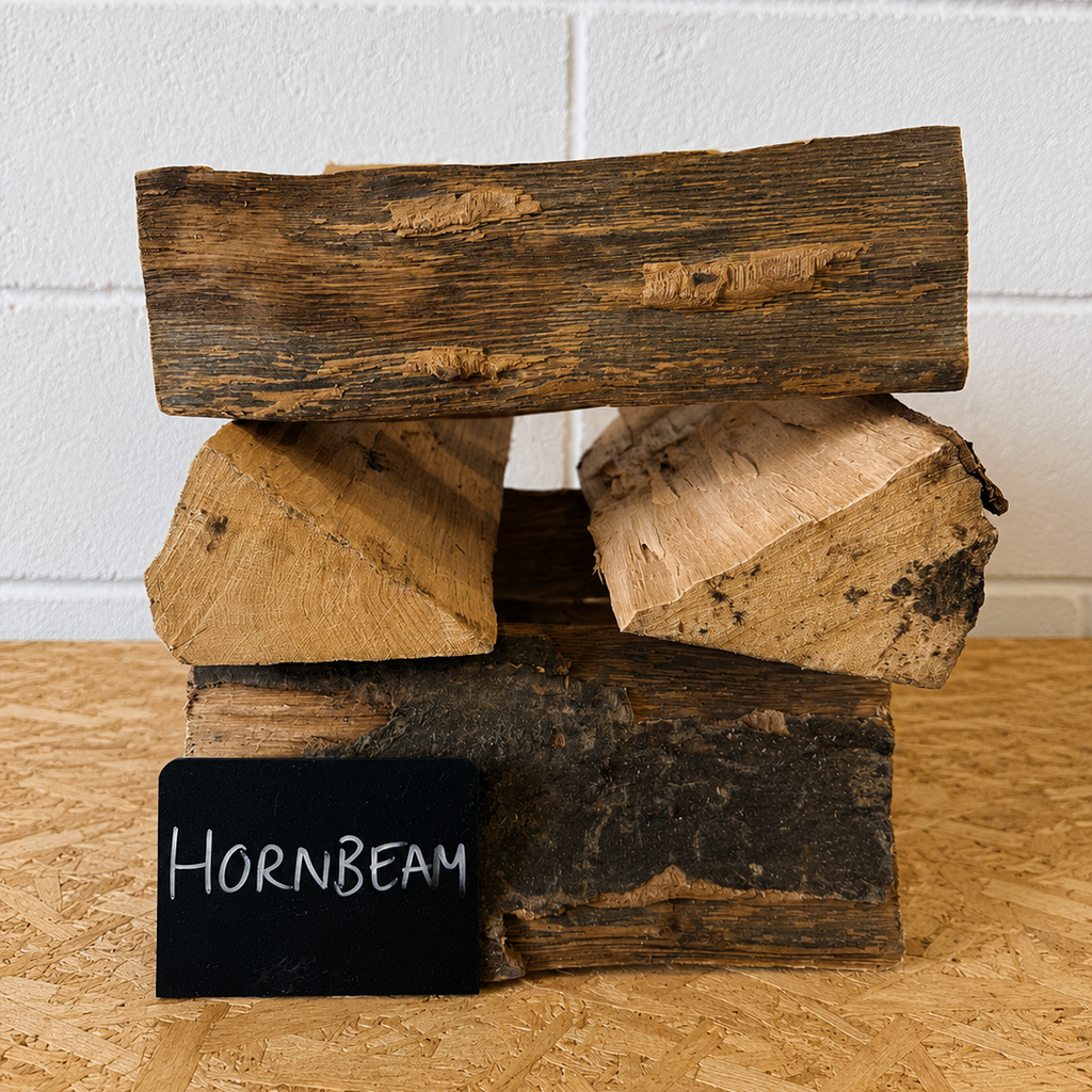 Stack of hornbeam firewood with a small black sign on a wooden surface.