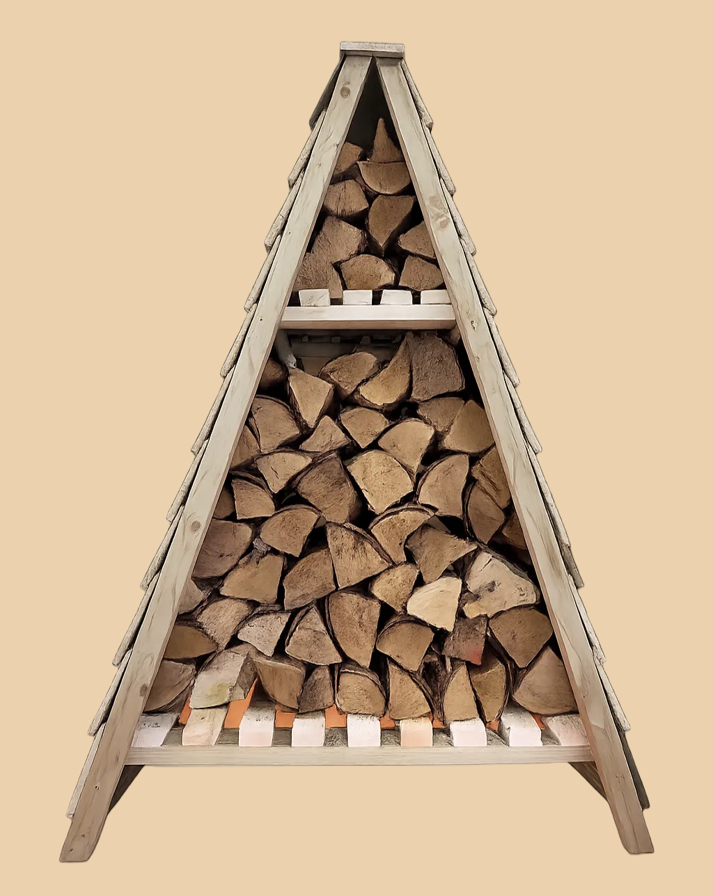 Wooden firewood stacker filled with firewood on a white background