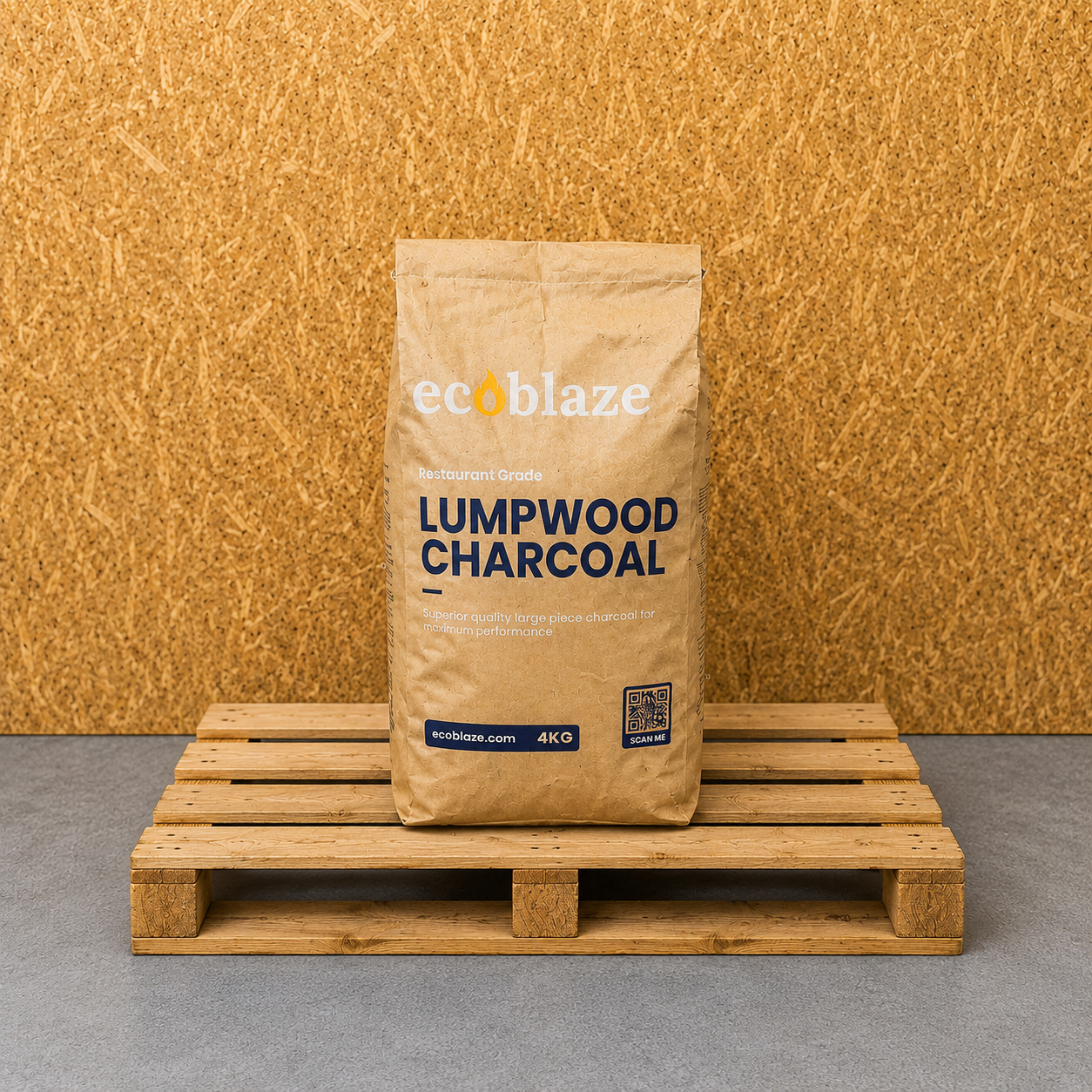Bag of ecoblaze lumpwood charcoal on a wooden pallet with a wooden background
