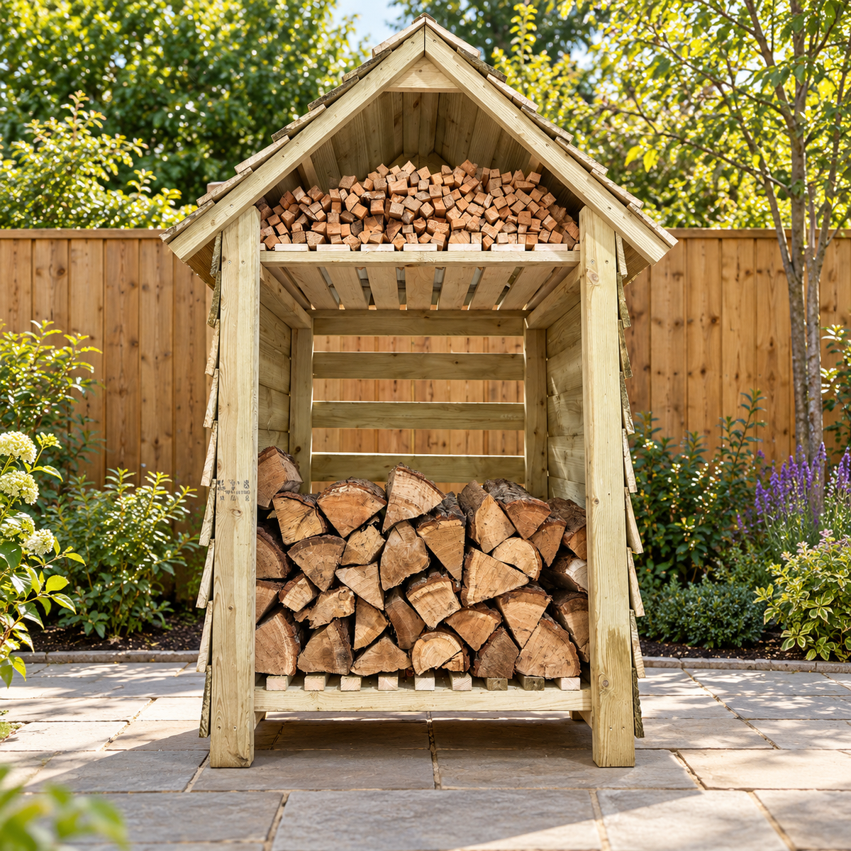 A wooden outdoor firewood storage stand filled with stacked logs, placed on a stone patio in a landscaped garden with a wooden fence and greenery in the background.