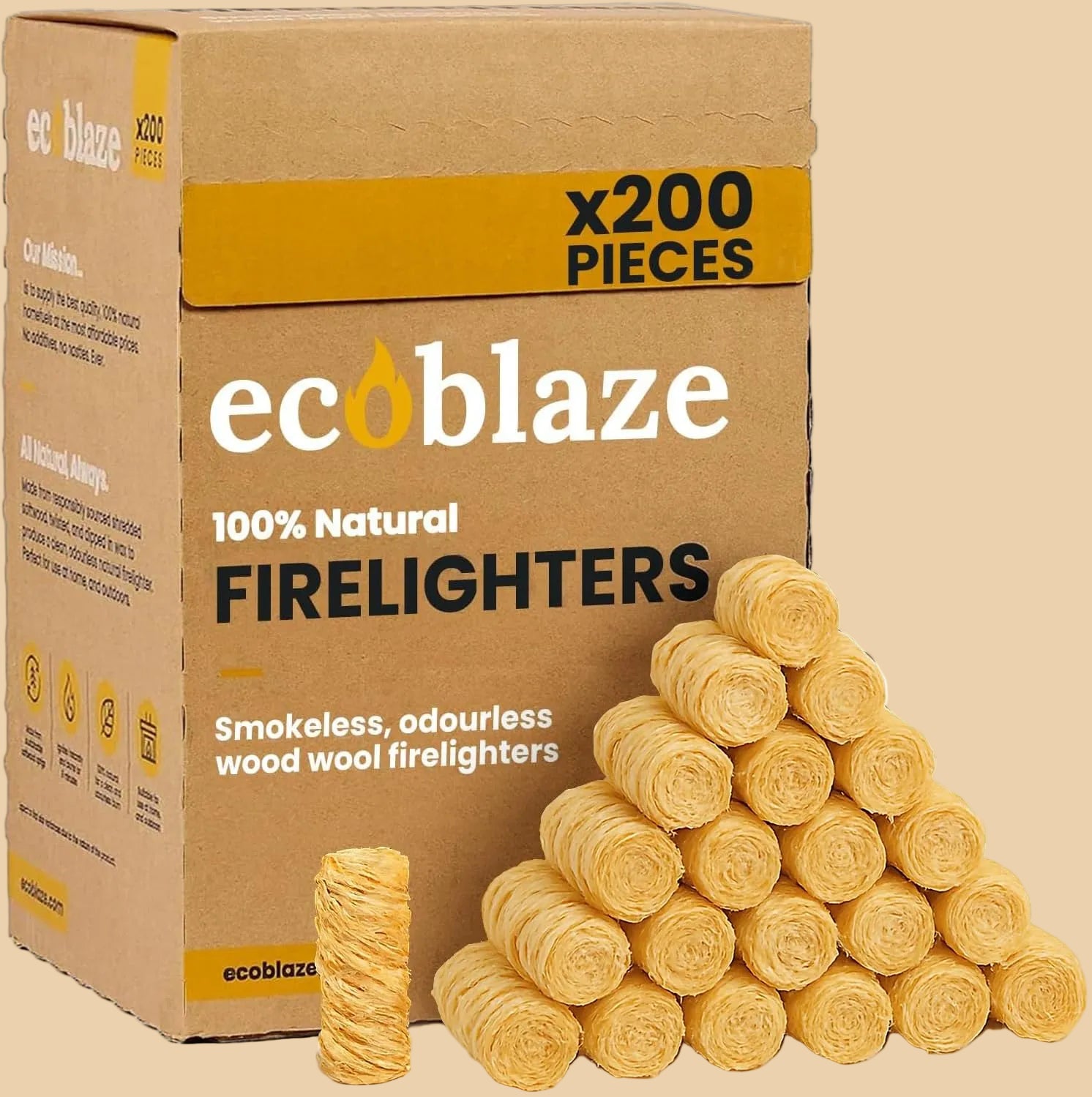 Box of ecoblaze firelighters with firelighters displayed in front