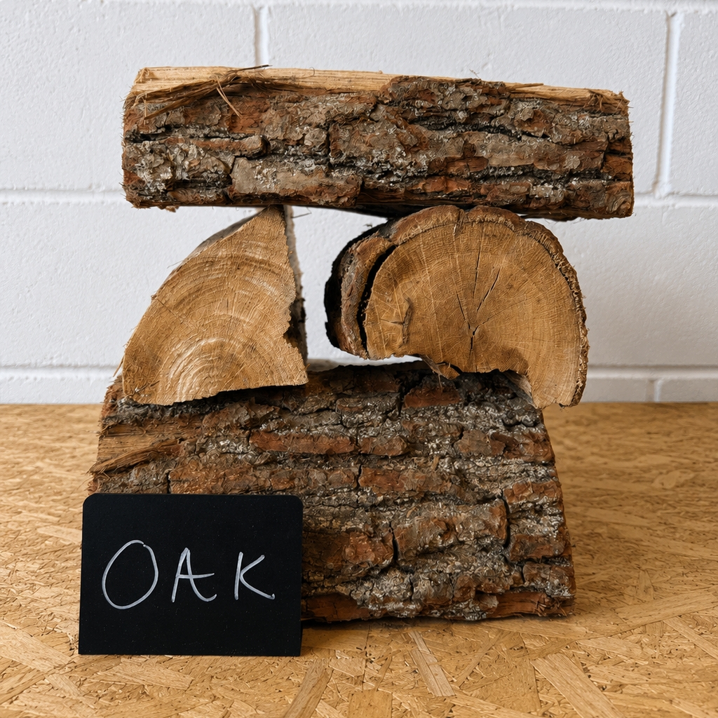 Stack of wooden logs with a small blackboard labeled 'Oak' on a wooden surface.