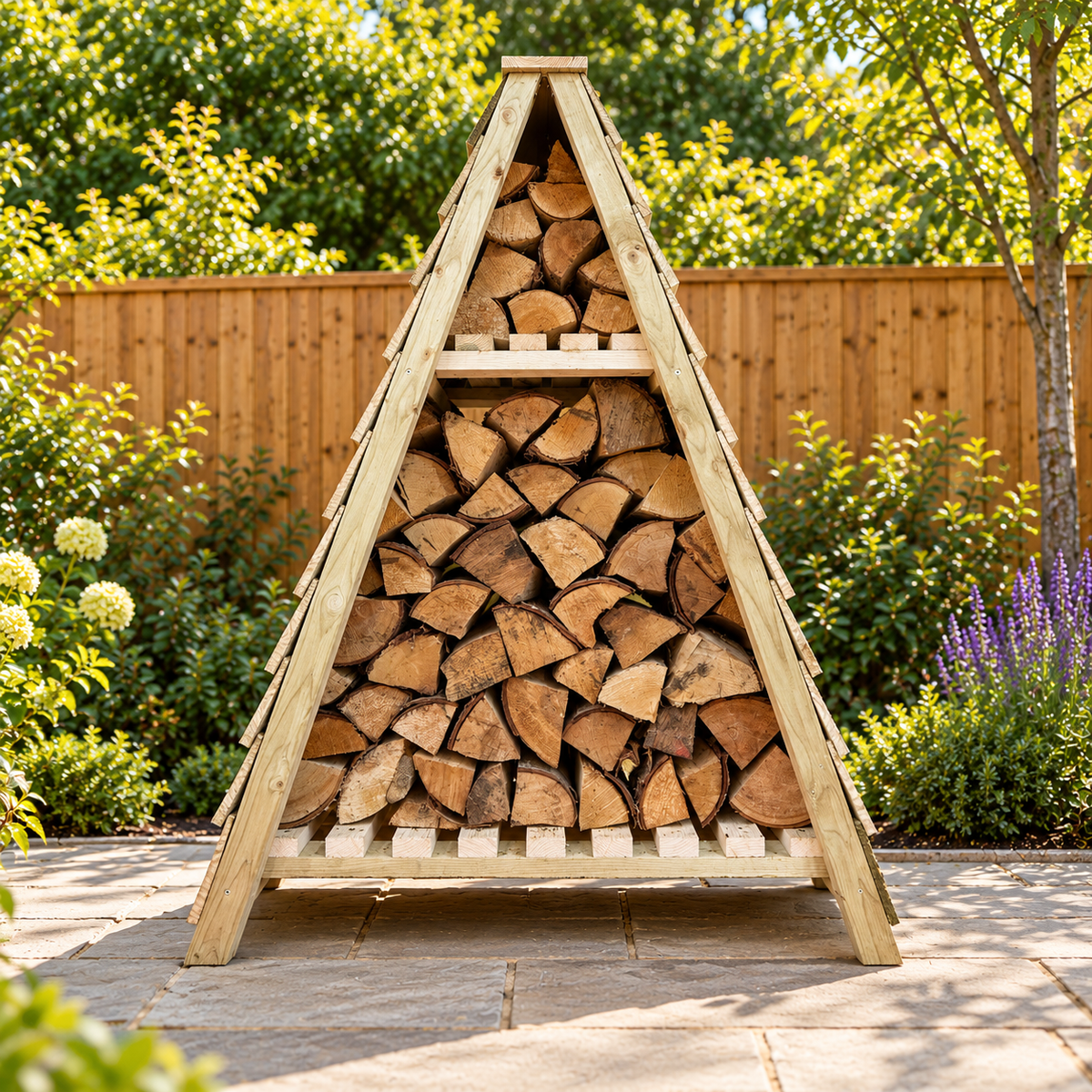 A triangular wooden firewood storage stand filled with neatly stacked cut logs, placed on a stone patio in a landscaped garden with a wooden fence and greenery in the background.