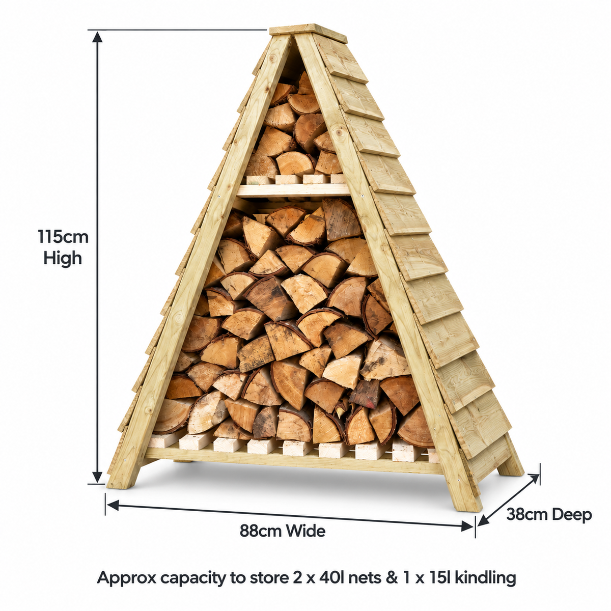 A triangular wooden firewood storage rack filled with stacked logs, shown on a white background with dimension labels indicating 115 cm high, 88 cm wide, and 38 cm deep, plus text about storage capacity.