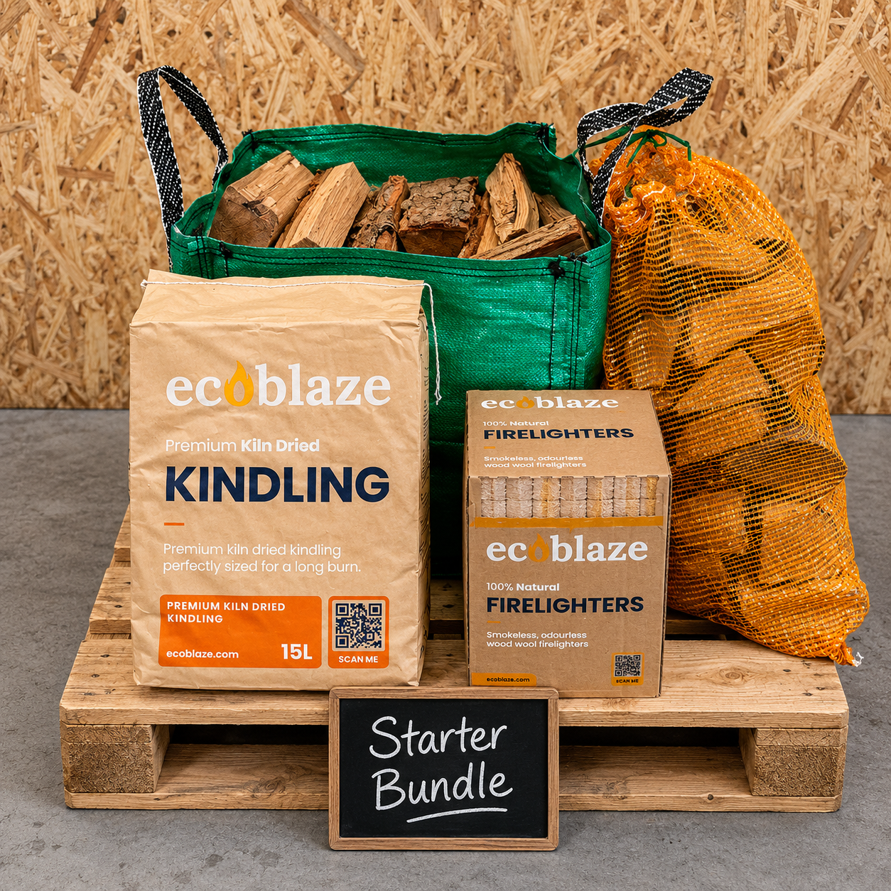 ecoblaze starter bundle with kindling, firelighters, and wood on a wooden pallet.