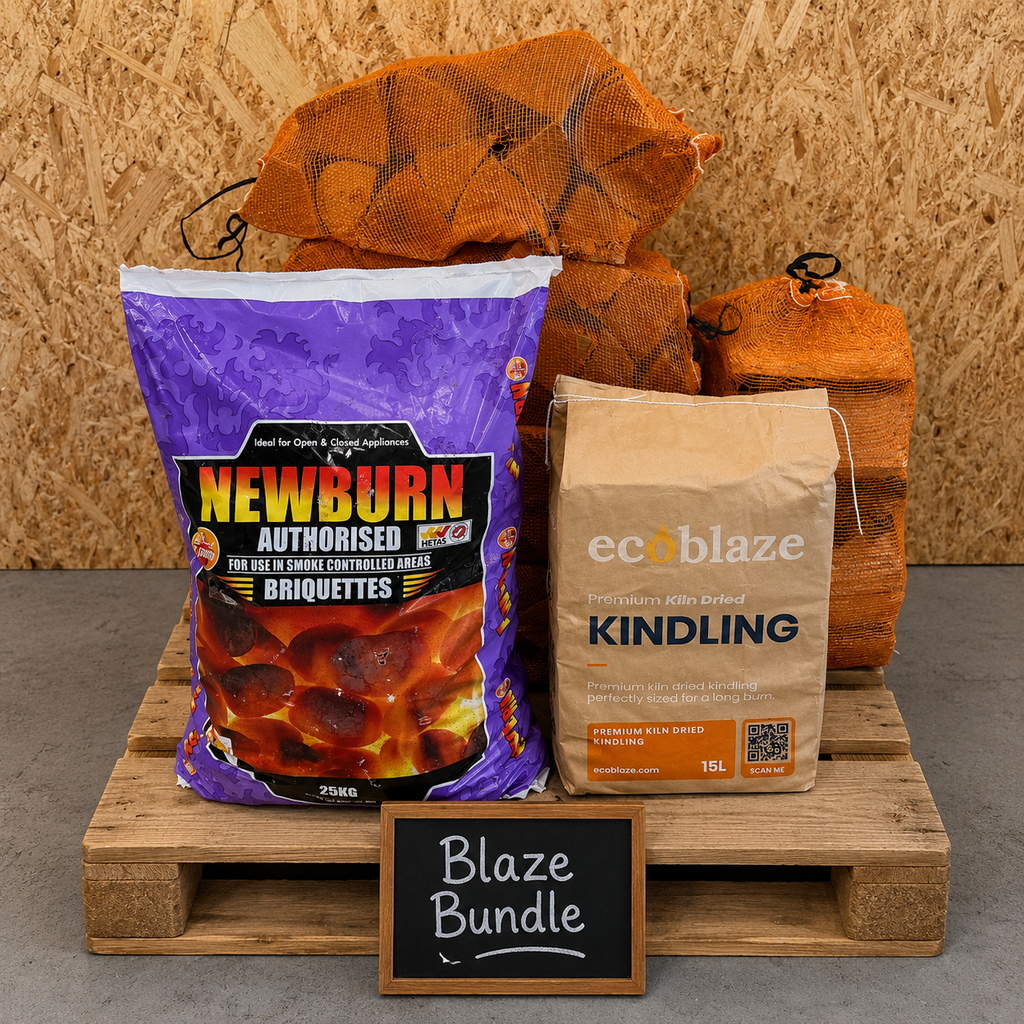 Newburn briquettes and Ecb Blaze kindling on a wooden pallet with a 'Blaze Bundle' sign.