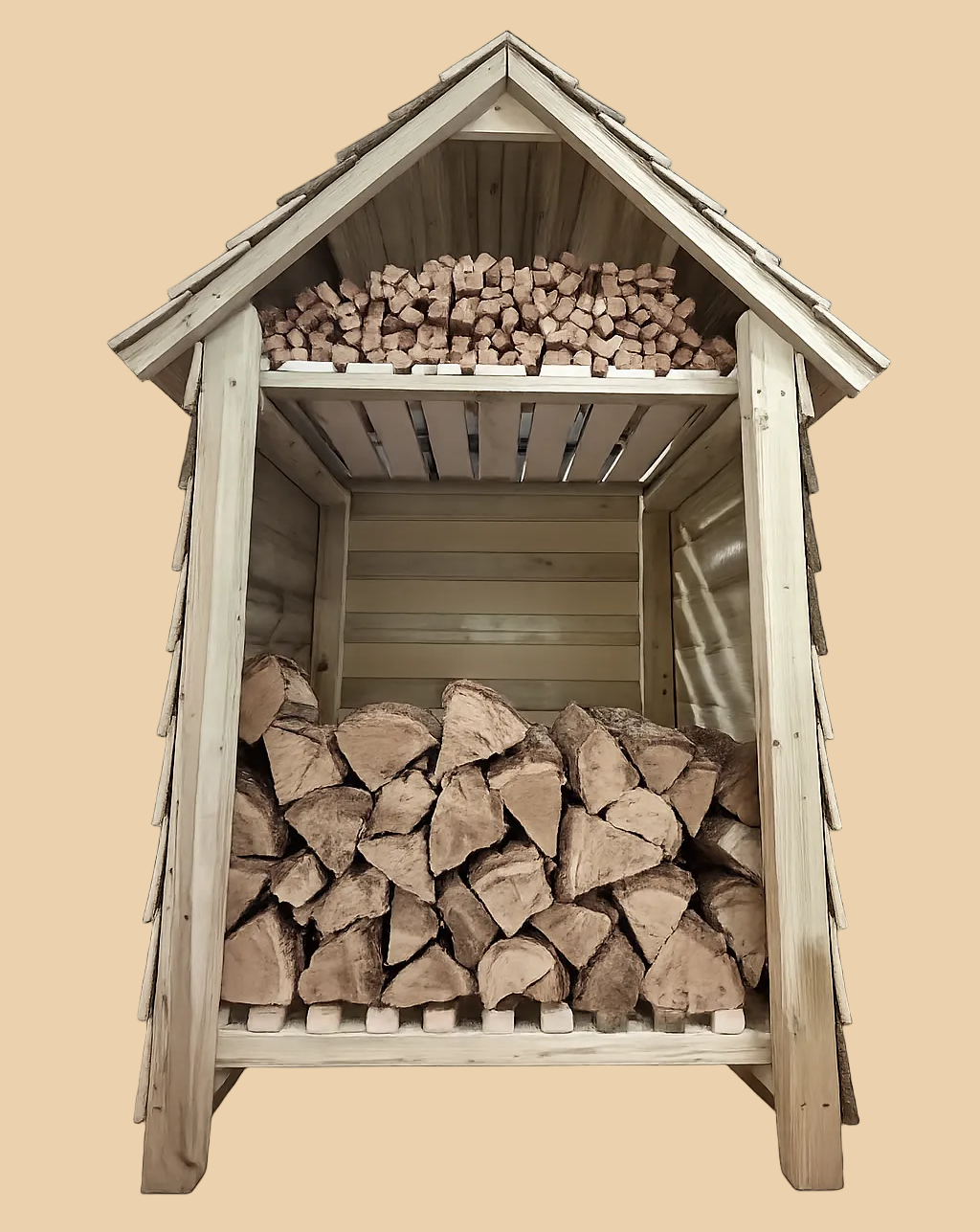 Wooden firewood storage shed with stacked firewood on a white background