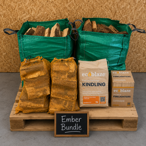 Wooden pallet with bags of wood, kindling packages, and a sign labeled 'Ember Bundle' against a wooden background.